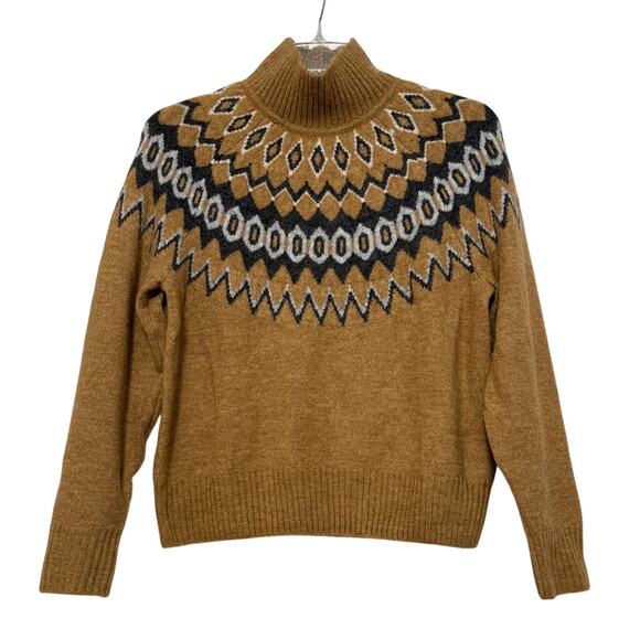 NWT Gap Airy Fair Isle Camel and Gray Mockneck Sweater, Size S - Picture 1 of 7